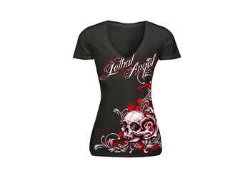 V Neck shirt Color Red Size Small Style LETHAL ANGEL FLORAL SKULL Type Womens | ID LT20288S