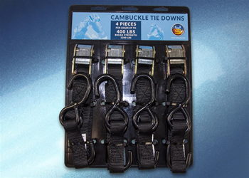 Tie down straps Series 4 pack Size 1x5 inch Strength Loads up to 400lbs break strength 1 200lbs Style CAMBUCKLE HOOK STYLE TIE DOWN STRAP | ID STR | 103